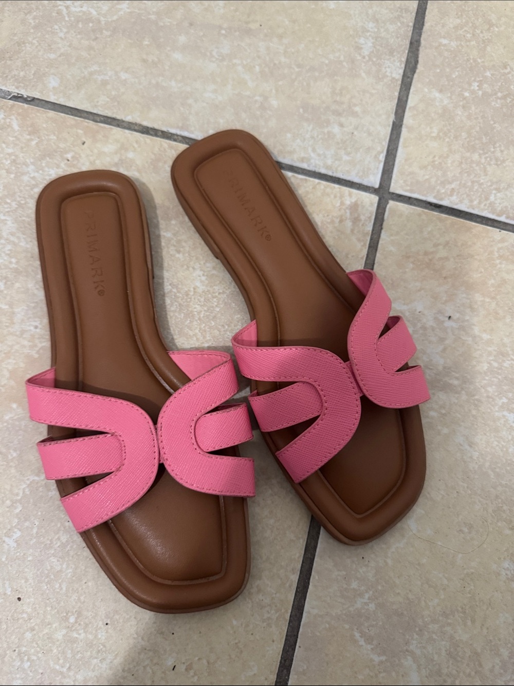 Primark Pink Double-Strap Slide Sandals with Brown Footbed